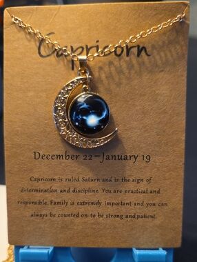 Capricorn Crescent Moon Pendant Necklace - Gold with Black Galaxy Cabochon